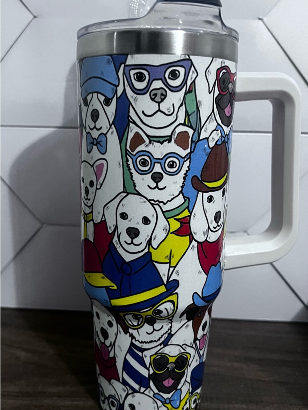 Insulated Travel Tumbler with Colorful Dog Illustration - White Handle
